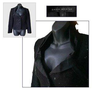 Stunning & Unique David Meister Jacket | 2 | Black
with Sequins & Satin Collar